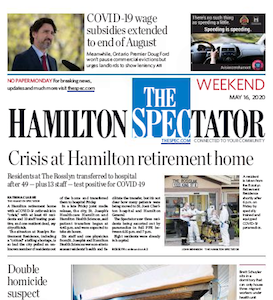 The Hamilton Spectator front page, Saturday May 16, 2020