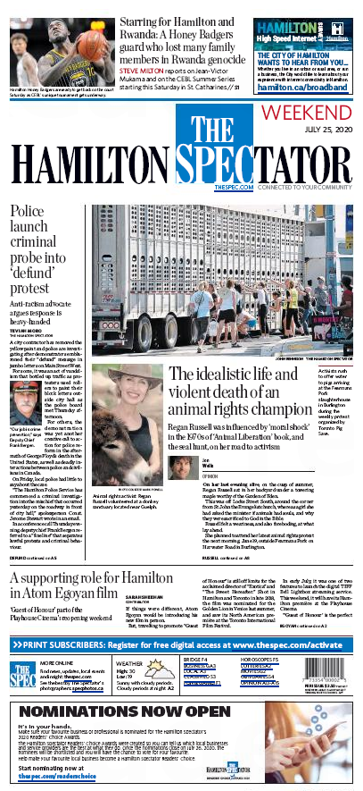 Hamilton Spectator front page for July 25, 2020