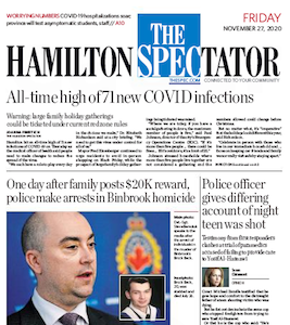 Front page of the Hamilton Spectator, Friday, November 27, 2020