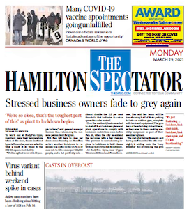 Front page of the Hamilton Spectator, Monday, March 29