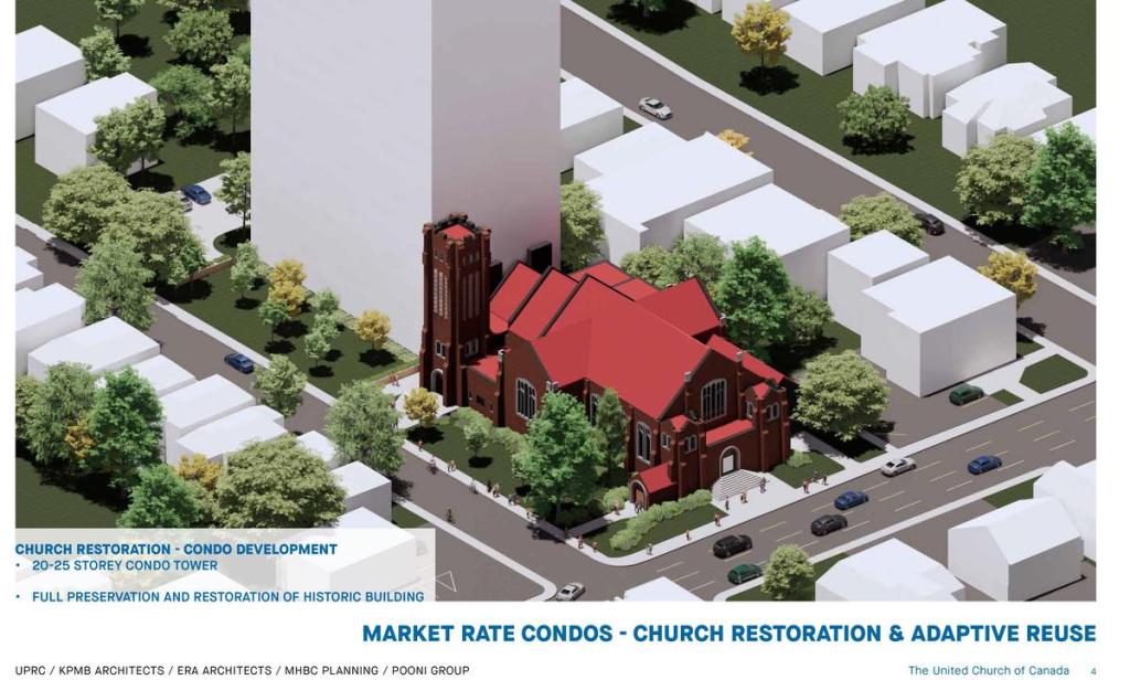 This rendering of a possible option for St. Giles sees market-rate condos with the church retained and adaptively reused.