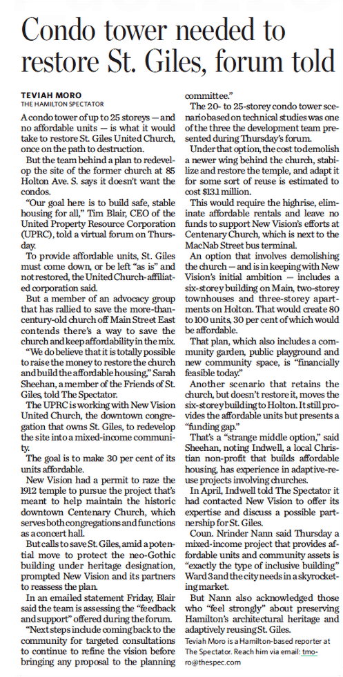 Condo tower needed to restore St. Giles, forum told – Teviah Moro, The Hamilton Spectator