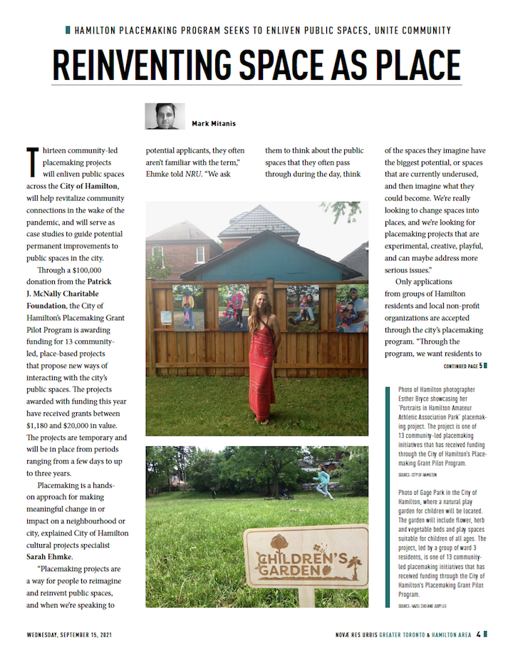 REINVENTING SPACE AS PLACE by Marc Mitanis - Hamilton Placemaking program seeks to enliven public spaces, unite community. Photos show an artist with their work and sign for the Children's Garden